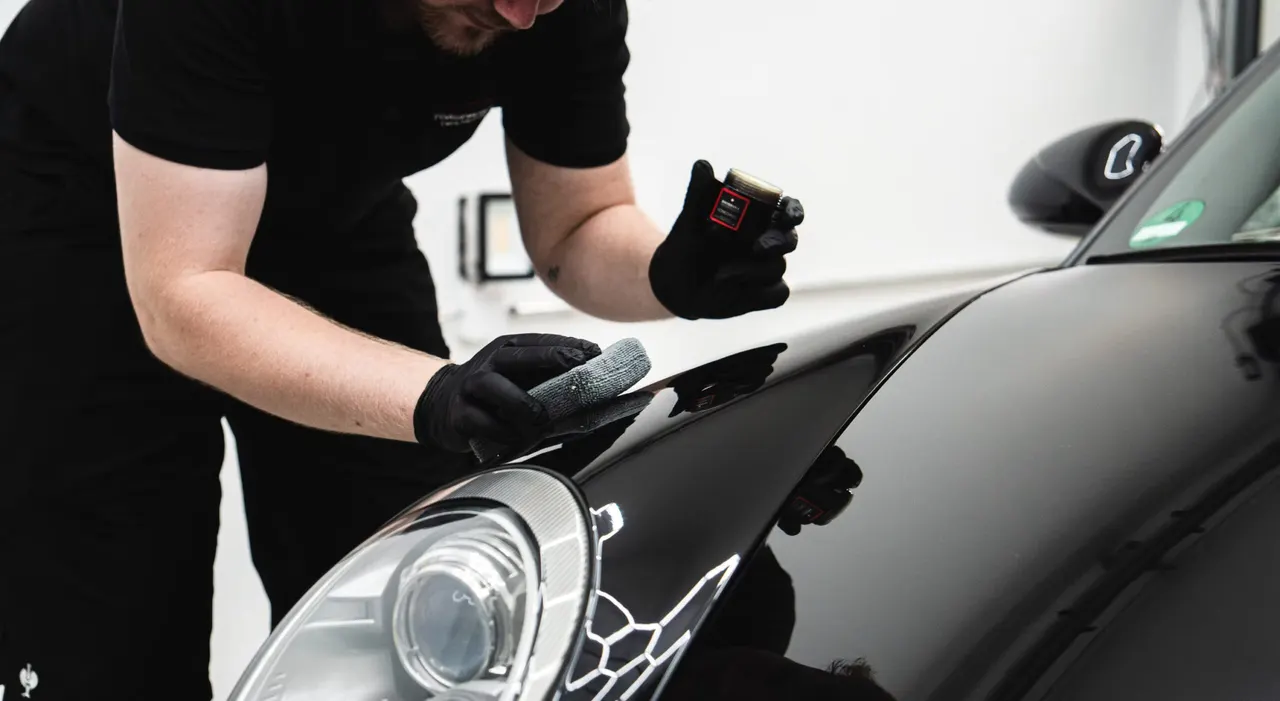 Aufbereiter poliert den Scheinwerfer eines schwarzen Autos