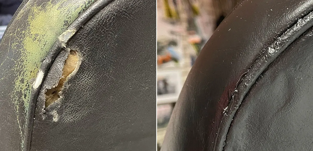 Abgeriebenes Leder vorher und nach der Reparatur