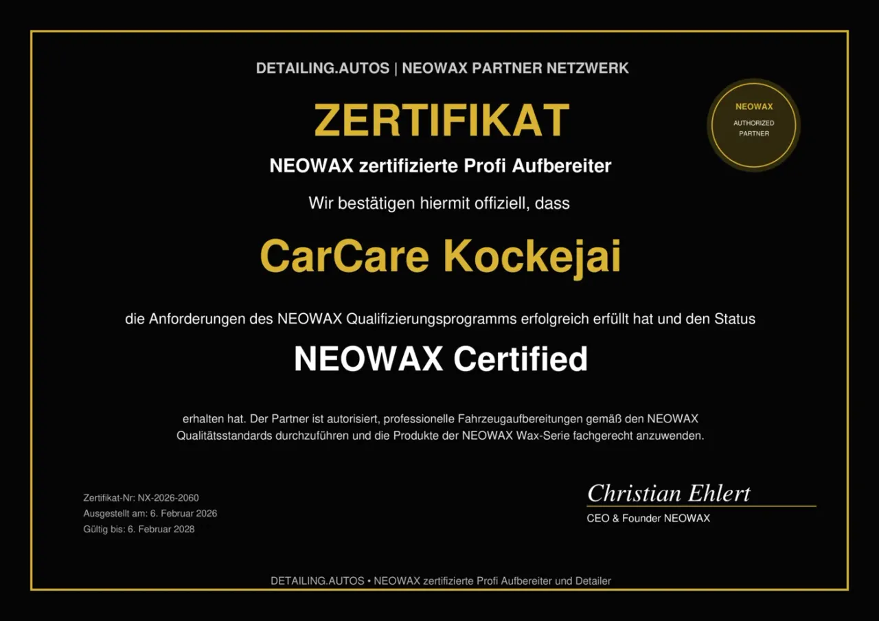 NEOWAX-Zertifikat für CarCare Kockejai als zertifizierter Profi-Aufbereiter